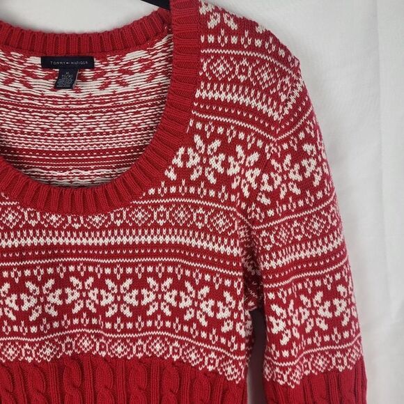 Tommy Hilfiger Womens Fair Isle Cable Knit Sweater Size XL Red Nordic Preppy - Picture 3 of 7